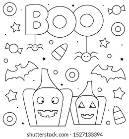Pumpkins and bats. Coloring page. Black and white vector illustration