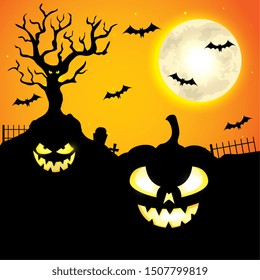 pumpkins with bats flying in halloween scene