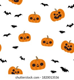 Pumpkins and bats halloween pattern. Seamless texture with cute and funny illustrations.