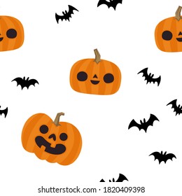 Pumpkins and bats halloween pattern. Seamless texture with cute and funny illustrations.