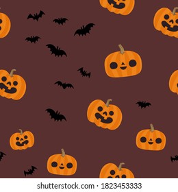 Pumpkins and bats halloween pattern. Seamless texture with cute and funny illustrations.