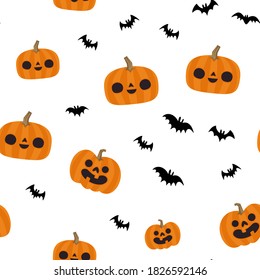 Pumpkins and bats halloween pattern. Seamless texture with cute and funny illustrations.