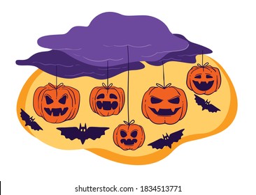 Pumpkins and bats hanging on thread, decorations for halloween holiday celebration. Trick or treat traditional even in united states of america, 31 of october papercut decor, vector in flat style