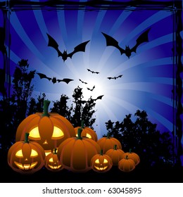 Pumpkins and bats on the blue twirl burst background