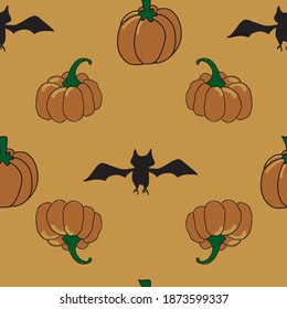 calabazas y murciélagos en un fondo naranja sin soldadura vectorial repetida diseño de la superficie