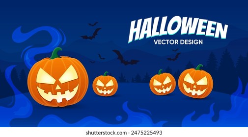 Pumpkins and bats on a spooky Halloween background