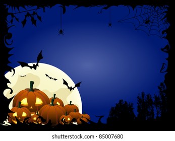 Pumpkins, bats and spiders on the blue Halloween background
