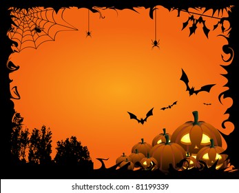 Pumpkins, bats and spiders on the orange Halloween background - check out my animation with this illustration: http://goo.gl/BBKpj9