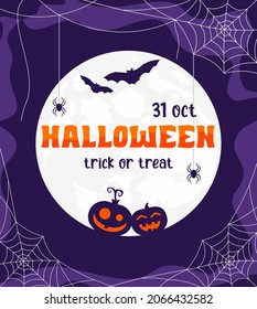 Pumpkins, bats and spiders on white cobweb with full moon on a purple background. Halloween announcement poster 