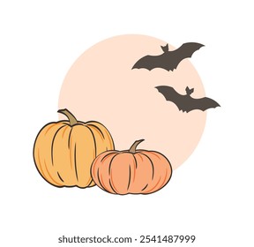 Pumpkins and bats template for Halloween text. Color cartoon flat style. White background. Vector illustration for a terrible and scary holiday.