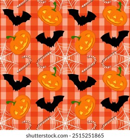 Pumpkins, bats, and webs on checkered background