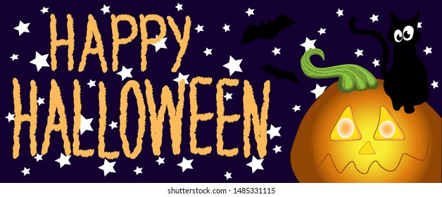 Pumpkins and black cat on a purple background, bats, stars, for design and decoration postcard vector illustration