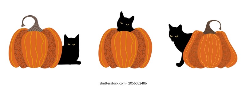 Pumpkins with black cats - hand drawn vector illustration isolated on white. Flat color design.