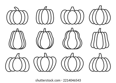 Pumpkins black line icons set. Halloween outline sign kit. Thanksgiving pictogram collection farm harvest closeup squash vegetable. Simple pumpkin cartoon contour coloring book page isolated on white