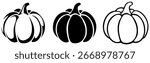 Pumpkins. Black and white contour and silhouette drawings of pumpkins isolated on a white background. Set of vector illustrations. Hand-drawn illustration, not AI