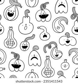 Pumpkins black and white vector outline seamless pattern. Cute cartoon party print on white background with whimsical jack o lanterns