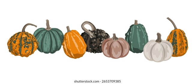 Composición de la guirnalda de la frontera de calabazas aislada en blanco. Acogedora decoración de otoño de calabazas Pequeñas. Ilustración de conjunto de calabaza Vector