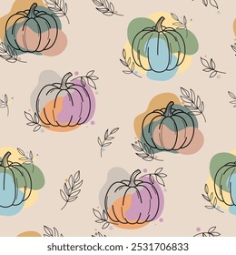 Calabazas de una rama con hojas en un estilo lineal. Calabaza y ramas delgadas con manchas. Esquema de colores pastel. Patrón de otoño sin fisuras de Vector en tonos cálidos.