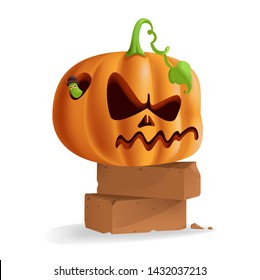 Pumpkins and bricks. Jack o'lantern isolated on white background. Sullen face. Vector cartoon illustration.
