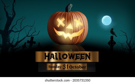 Pumpkins Burning In Forest At Night - Halloween Background.Vector design poster illustration,vector illustration.