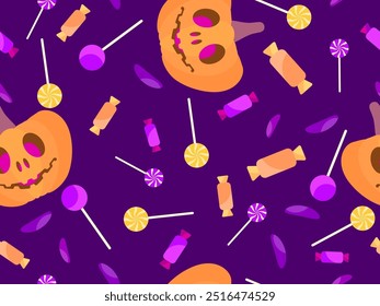 Pumpkins and candies seamless pattern. Halloween carved pumpkin with candies and lollipops. Jack-o-lantern, trick or treat. Design for wallpapers, wrappers, covers and banners. Vector illustration