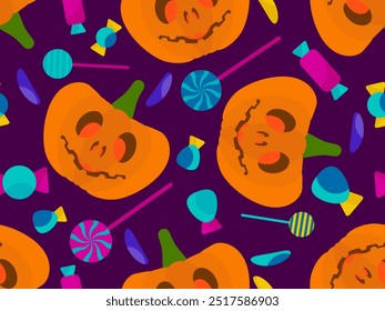 Calabazas y caramelos sin patrón. Calabaza tallada de Halloween con caramelos y piruletas. Jack-o-linterna, truco o trato. Diseño para Fondos de pantalla, envoltorios, fundas y Anuncios. Ilustración vectorial