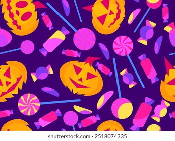 Calabazas y caramelos sin patrón. Calabaza tallada de Halloween con caramelos y piruletas. Jack-o-linterna, truco o trato. Diseño para Fondos de pantalla, envoltorios, fundas y Anuncios. Ilustración vectorial