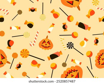 Abóboras e doces padrão sem costura. Halloween esculpiu abóbora com doces e pirulitos. Jack-o-lanterna, truque ou deleite. Desenho para papéis de parede, invólucros, capas e banners. Ilustração vetorial