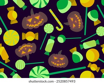 Calabazas y caramelos sin patrón. Calabaza tallada de Halloween con caramelos y piruletas. Jack-o-linterna, truco o trato. Diseño para Fondos de pantalla, envoltorios, fundas y Anuncios. Ilustración vectorial