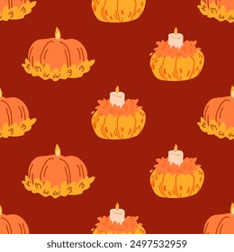 Calabazas con velas sin patrón. Calabazas de colores sobre un fondo naranja. 