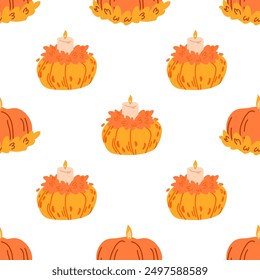 Pumpkins with candles seamless pattern. Colorful pumpkins on a white background. 