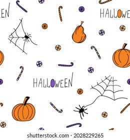 Pumpkins, candy and cobwebs with spiders seamless vector pattern. Print design for fabric and paper.