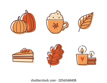 Pumpkins, cappuccino, leaves, apple pie, and candles in doodle style isolated on white background. Cozy set of elements for the seasonal postcard, web banner, advert. Hand-drawn vector autumn icons.