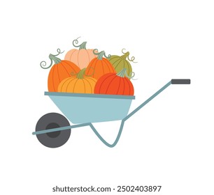 Pumpkins in a cart. Harvest festival. Flat style illustration of autumn vegetables crop