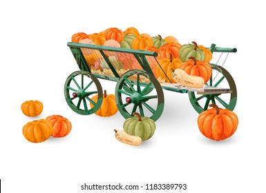 Pumpkins cart Vector isolated on white. Fall season decor layout