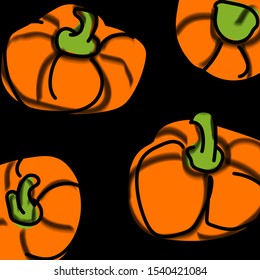 Pumpkins cartoon pattern on the black background. Vector illustration 