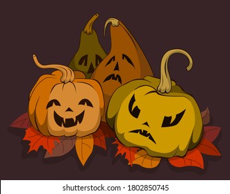 Pumpkins cartoons design, Halloween holiday horror scary celebration autumn dark and party theme Vector illustration