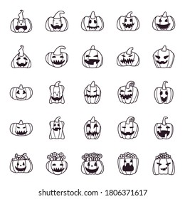 dibujos animados de calabazas estilo línea libre diseño de grupo, tema de Halloween y vacaciones Ilustración vectorial