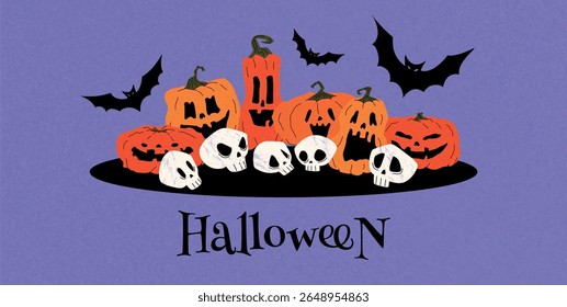 Pumpkins with Carved Faces and Funny Skulls on Dark Ground with Flying Bats. Halloween Typography Below. Flat Graphic Vector Illustration with Spooky Elements for Poster or Card