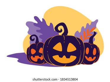 Pumpkins with carved smiling face, halloween symbols. Celebration of autumnal holiday of all saint. Tradition of united states of america. Lanterns made of harvested vegetables, vector in flat