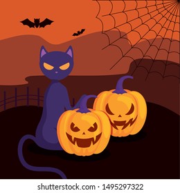 pumpkins with cat in halloween scene