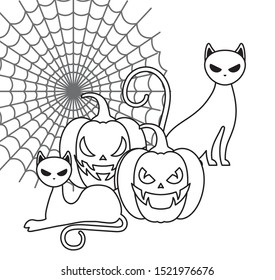 pumpkins with cat in halloween scene vector illustration