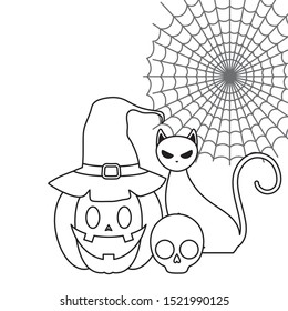 pumpkins with cat in halloween scene vector illustration