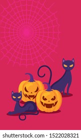 pumpkins with cat in halloween scene vector illustration
