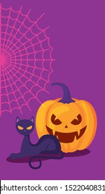 pumpkins with cat in halloween scene vector illustration