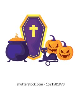 pumpkins with cat and icons halloween vector illustration design