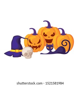 pumpkins with cat and icons halloween vector illustration design