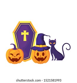 pumpkins with cat and icons halloween vector illustration design