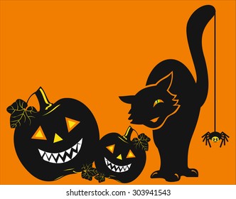 Pumpkins with a cat and a spider on an orange background