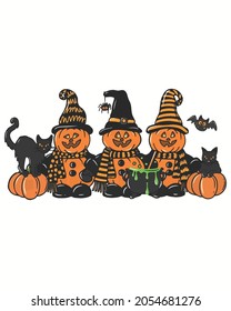 Pumpkins Cats Cute Happy Halloween Vector illustration. Happy Halloween Background Vector illustration